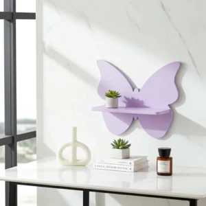 Handcrafted butterfly wood wall shelf with elegant natural finish