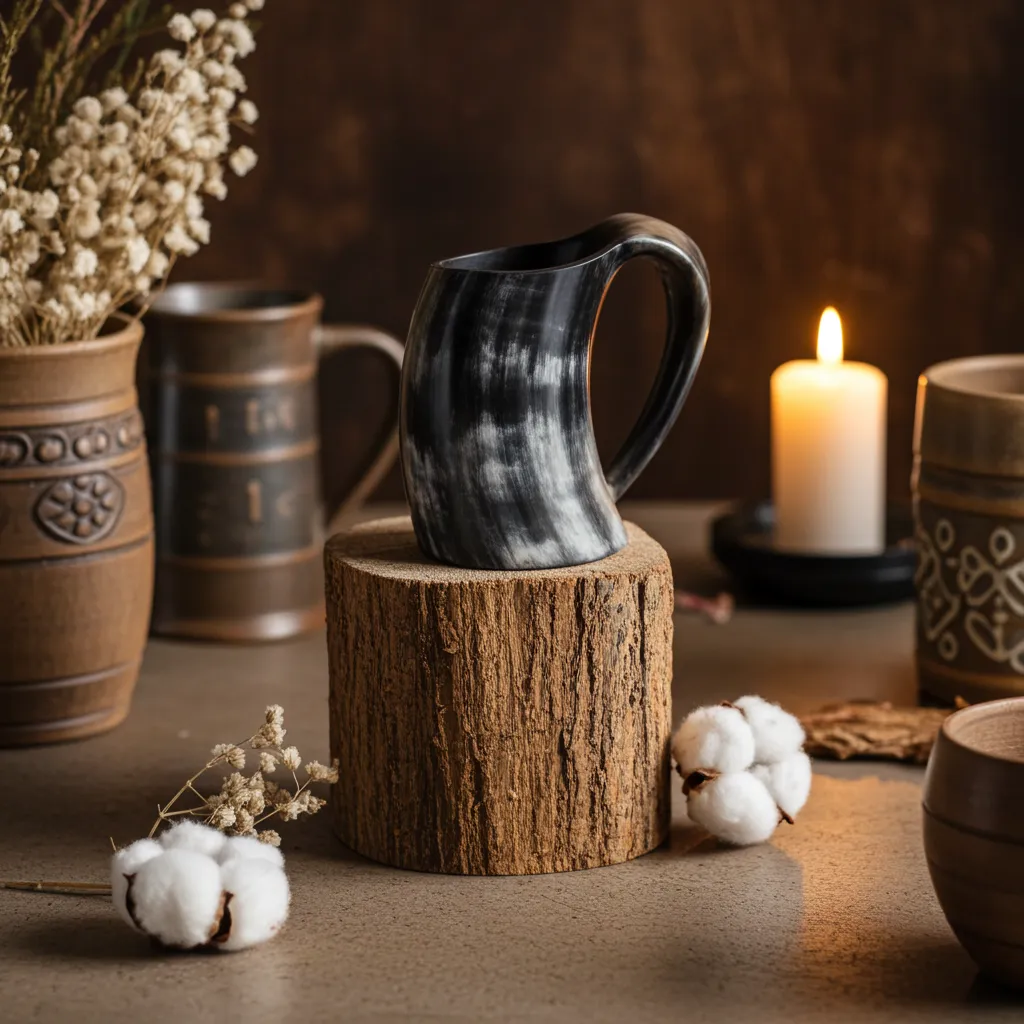 Food-safe ox horn Viking tankard with traditional carved handle