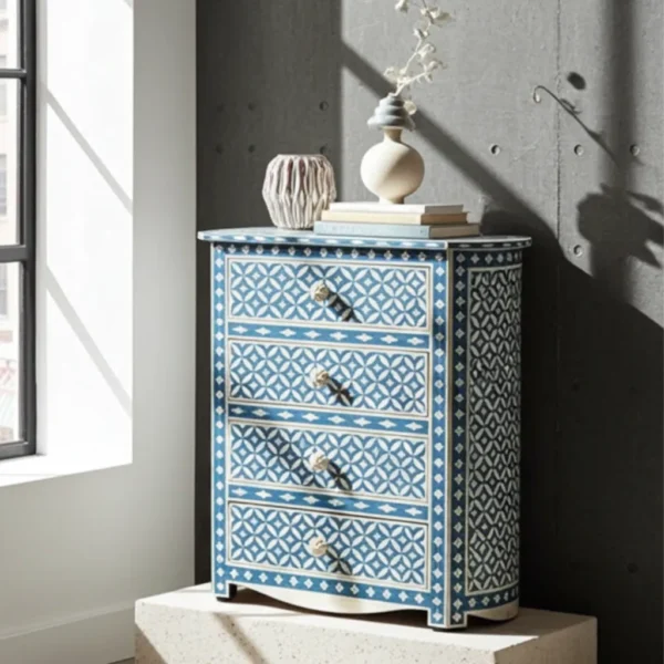 Handmade Eye Pattern Bone Inlay Chest of Drawers 24x16x30 inches – Turquoise | Razvi Exports Manufacturer & Supplier