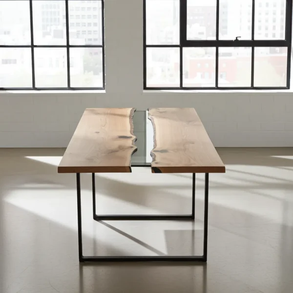 Handcrafted wood and epoxy resin dining table with natural live edge design