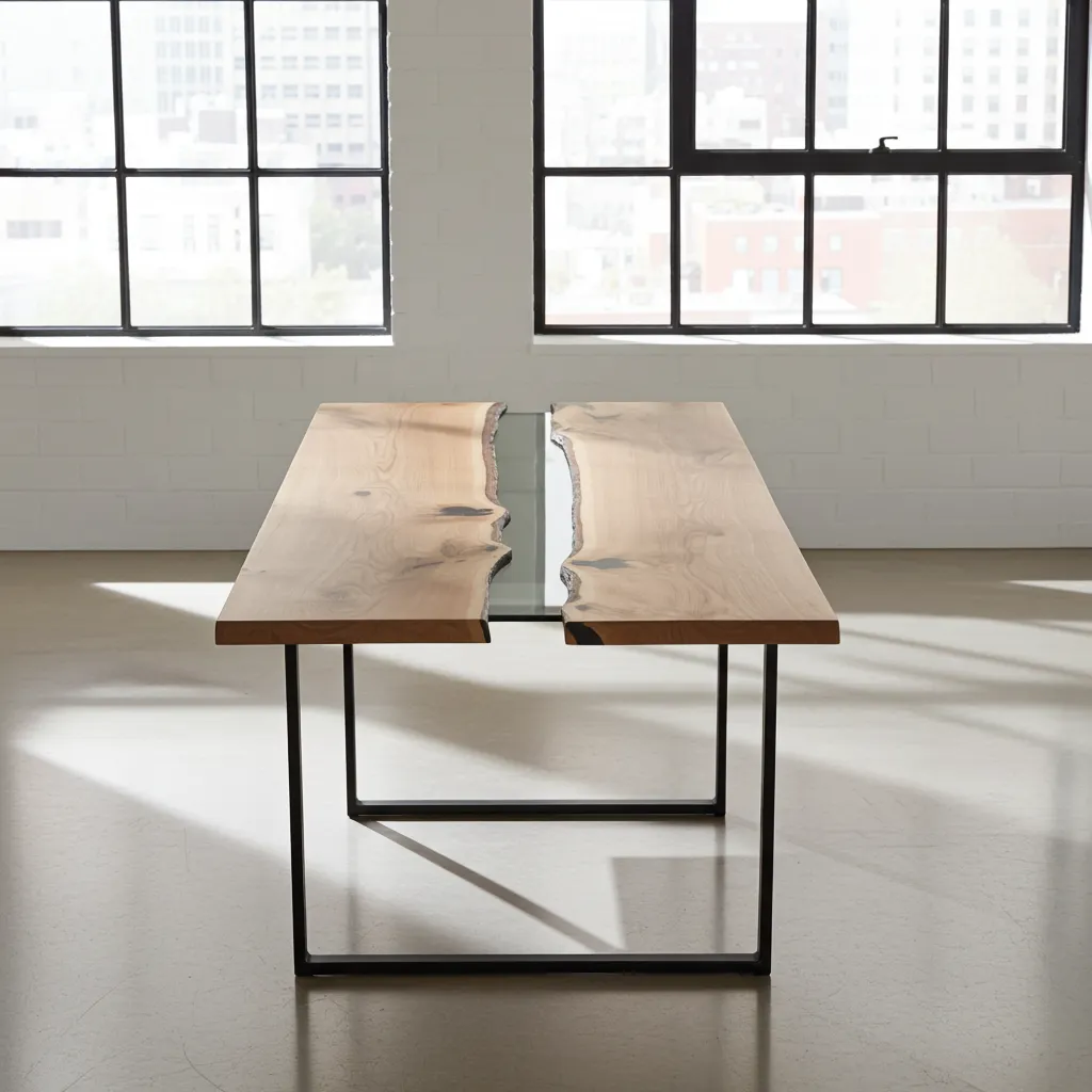 Luxury Handmade Wood and Epoxy Resin Dining Table by Razvi Exports 1 Handcrafted wood and epoxy resin dining table with natural live edge design