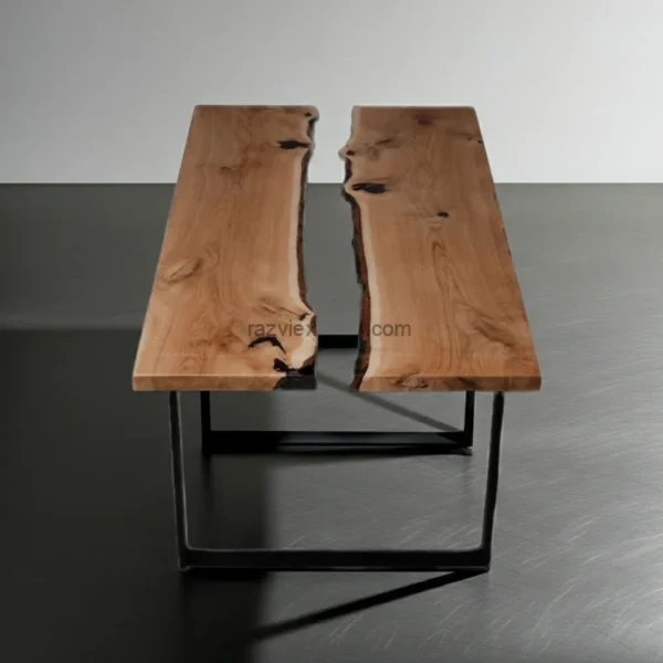 Luxury wooden dining table featuring clear blue epoxy river and polished finish
