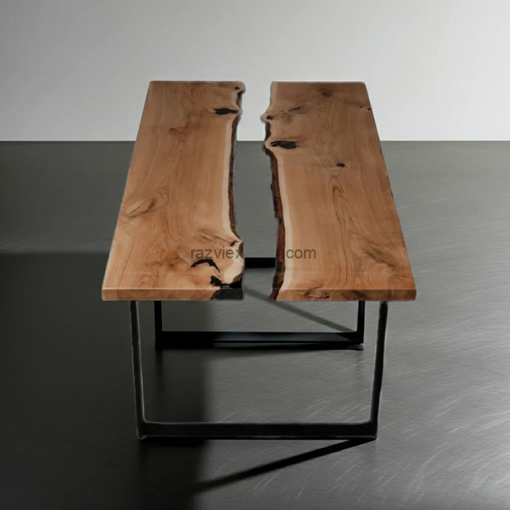 Luxury Handmade Wood and Epoxy Resin Dining Table by Razvi Exports 2 Luxury wooden dining table featuring clear blue epoxy river and polished finish