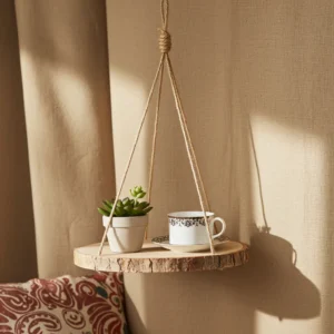 Handcrafted wood and rope wall hanging shelf for home decor