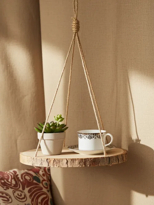 Wood and Rope Wall Hanging Shelf – 10×10” Mango Wood Shelf with Jute Rope