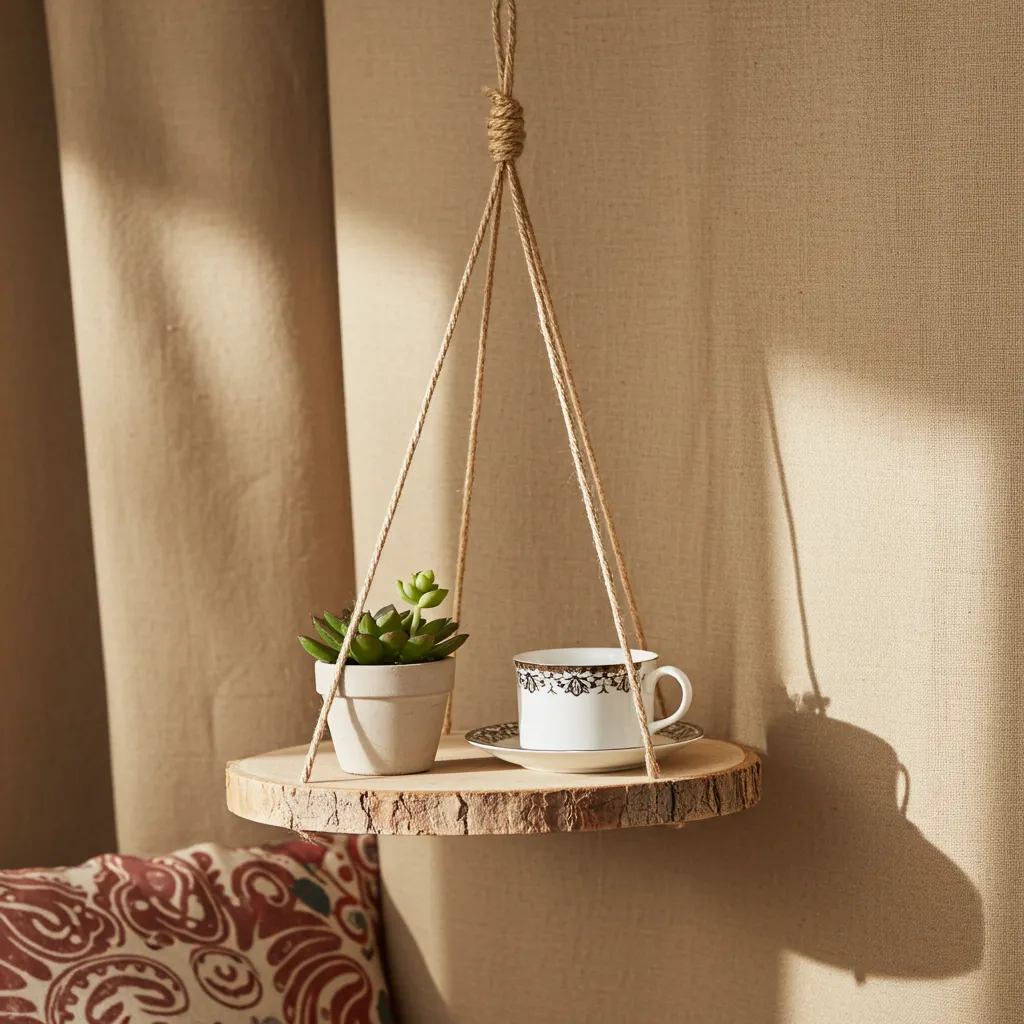Handcrafted wood and rope wall hanging shelf for home decor