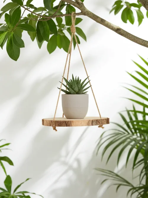 Wood and Rope Wall Hanging Shelf – 10×10” Mango Wood Shelf with Jute Rope