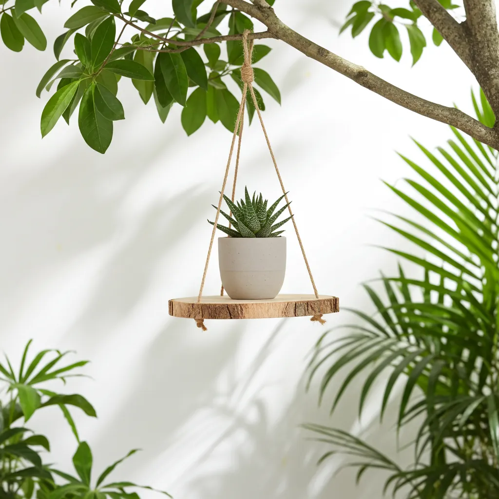 Rustic wooden hanging shelf with jute rope for living room or kitchen