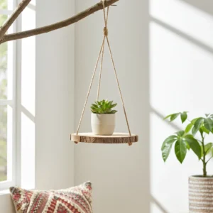 Stylish rope hanging wall shelf made from solid wood