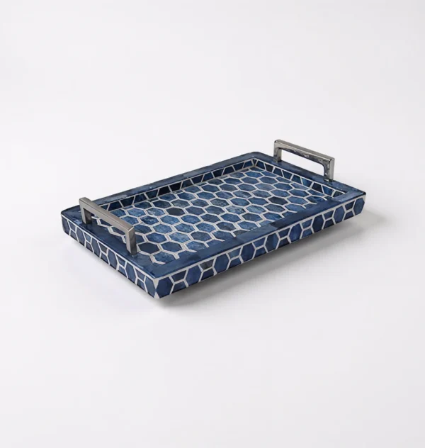 Blue Honeycomb Bone Inlay Tray -with Steel handle Manufacturer and exporter Razvi-Exports