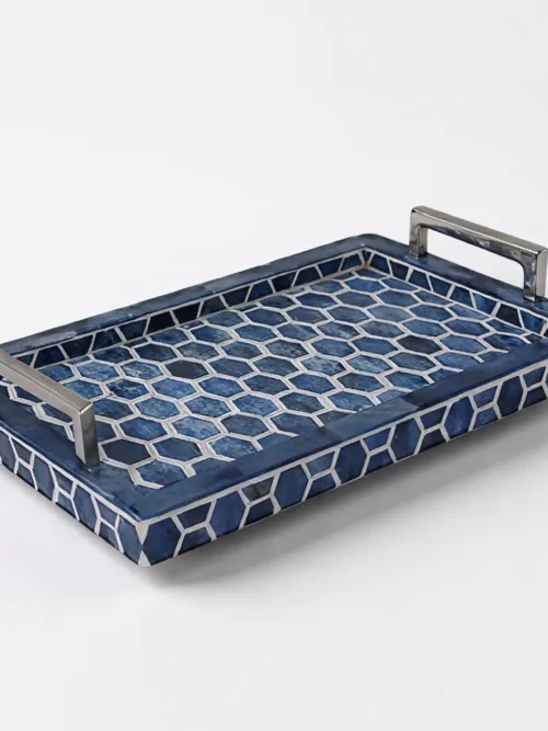 Honeycomb Bone Inlay Tray with Metal Stand – Handmade Luxury Decor