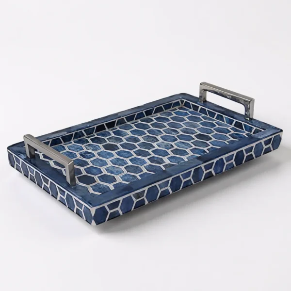 Blue Honeycomb Bone Inlay Tray -with Steel handle Manufacturer and exporter Razvi-Exports