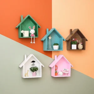 Wooden Wall Shelves Set of 5 – Multi Color 8x8 Inches | MDF Wall Mounted Home Shape Shelves by Razvi Exports