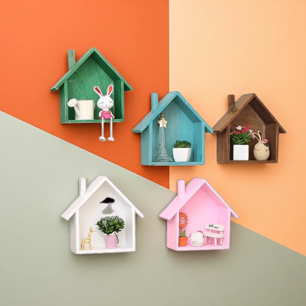 Wooden Wall Shelves Set of 5 – Multi Color 8x8 Inches | MDF Wall Mounted Home Shape Shelves by Razvi Exports