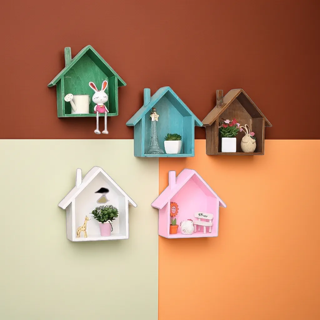 Custom Wooden Wall Shelves Set of 5 | MDF Wall Mounted Home Shape Shelves by Razvi Exports