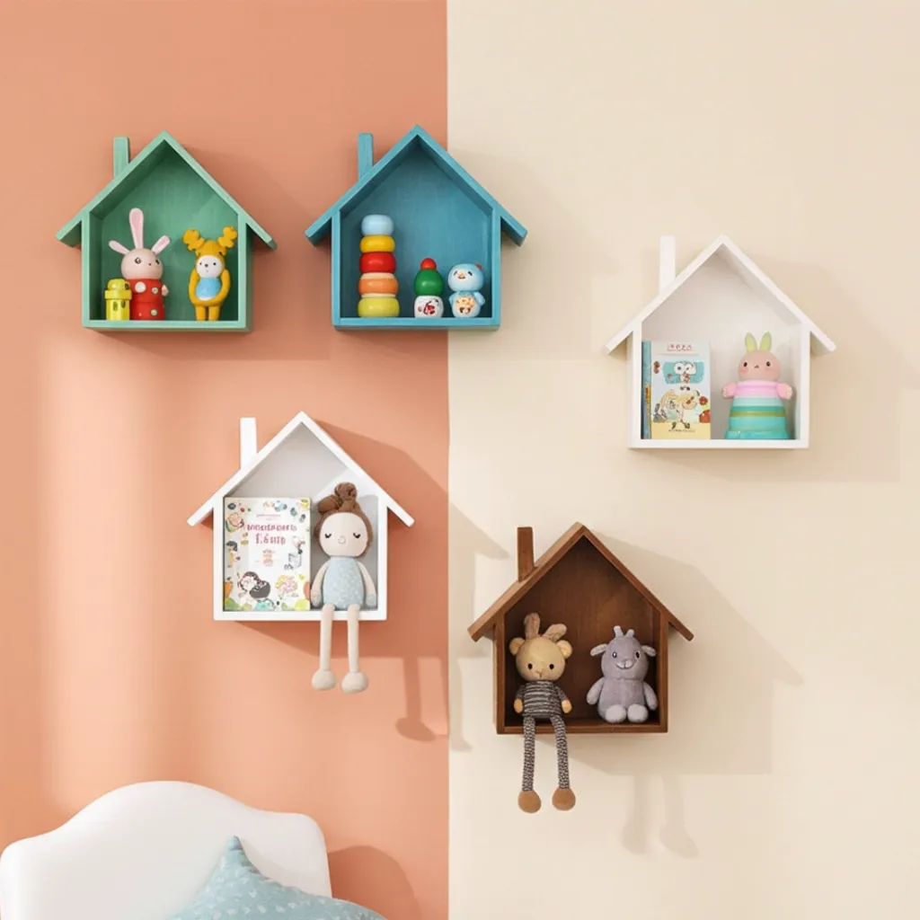 wooden multi colours wall mounted shelves set