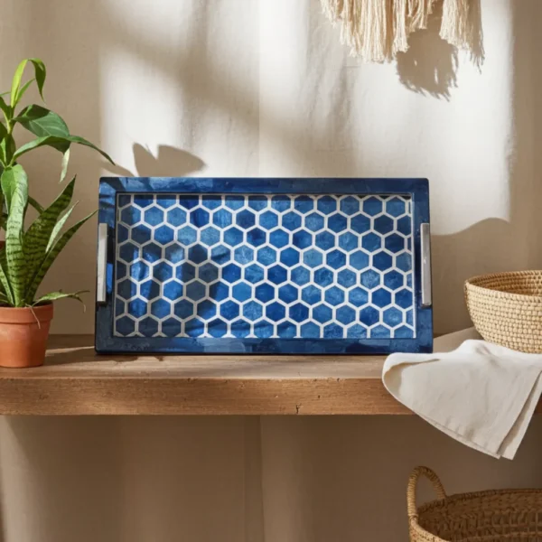 Detailed honeycomb pattern on handmade bone inlay tray