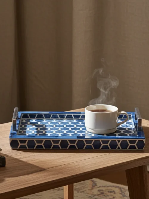 Honeycomb Bone Inlay Tray with Metal Stand – Handmade Luxury Decor