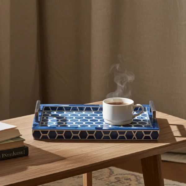Luxury bone inlay serving tray with gold metal stand – handmade decor