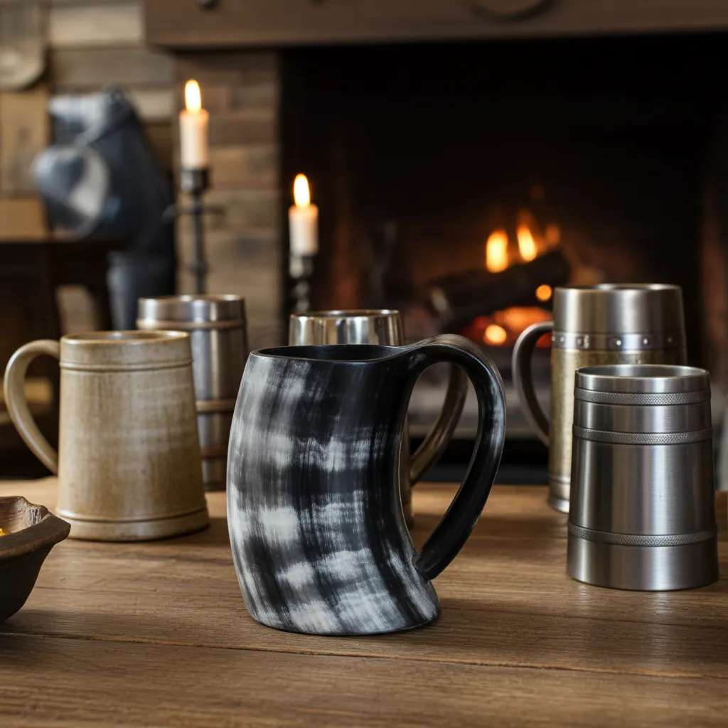 Handmade Viking horn mug made from natural ox horn with polished finish