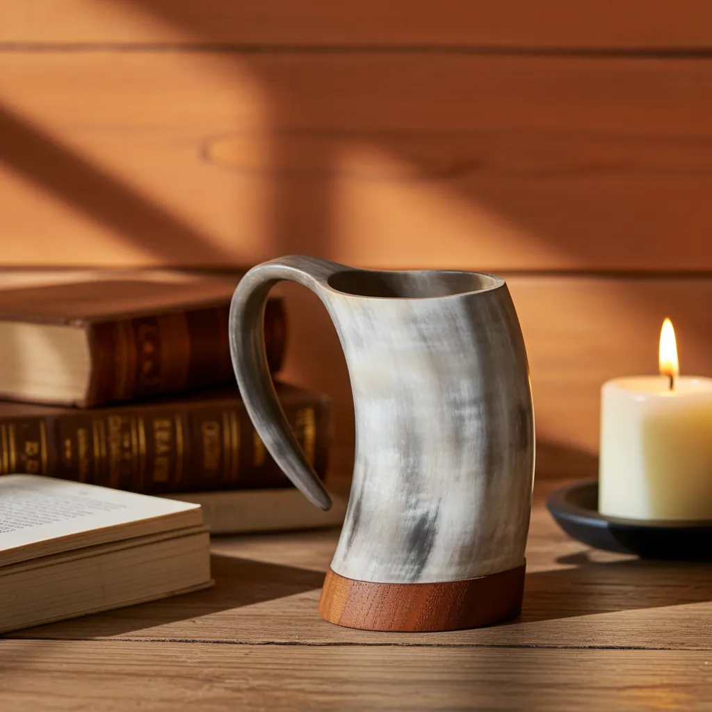 Polished horn tankard inspired by traditional Viking drinkware