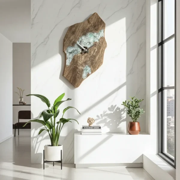Modern epoxy resin wall clock made from solid wood and clear resin