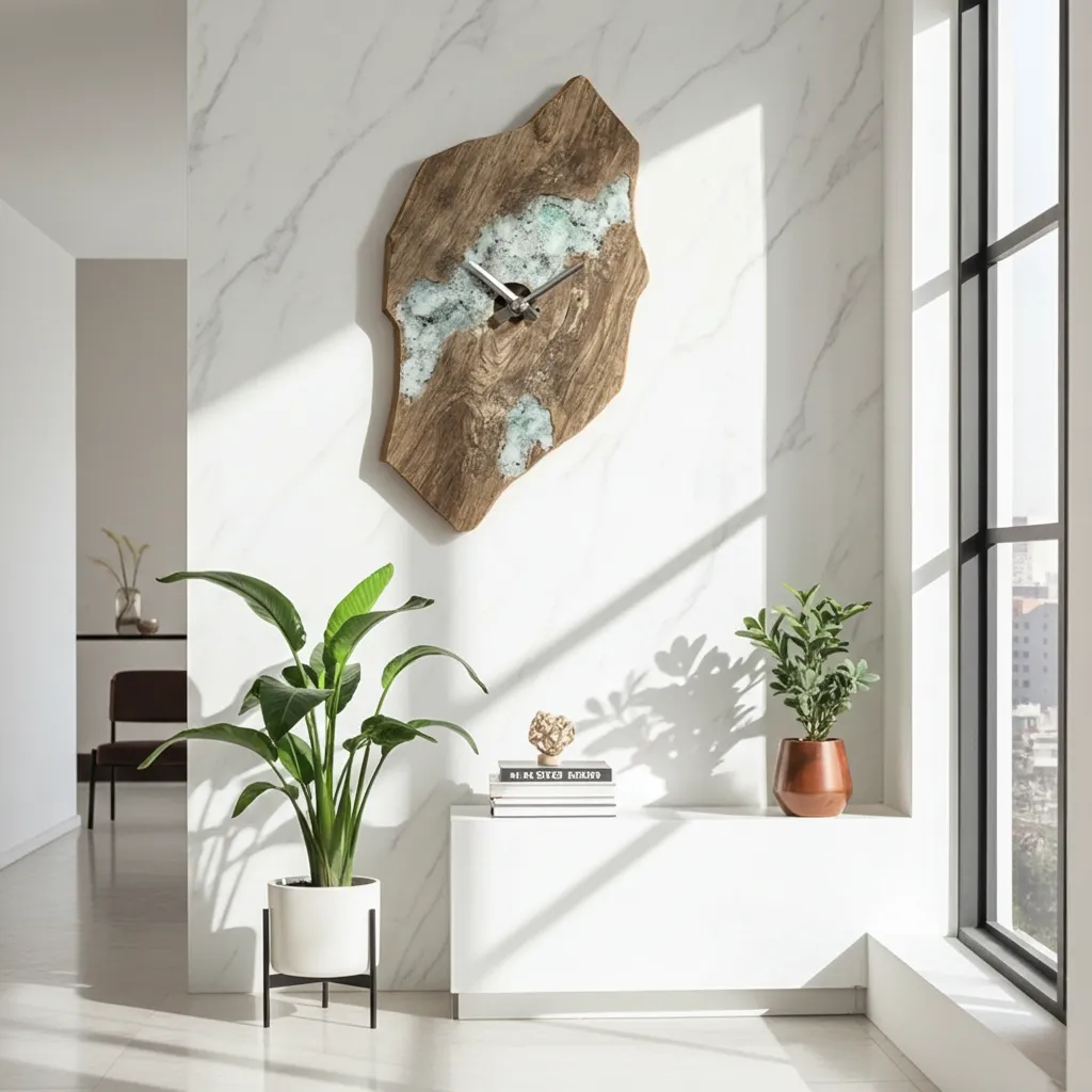 Wood Epoxy Resin Wall Clock 24x12" – Handmade Decorative Wall Clock by Razvi Exports 4 Modern epoxy resin wall clock made from solid wood and clear resin