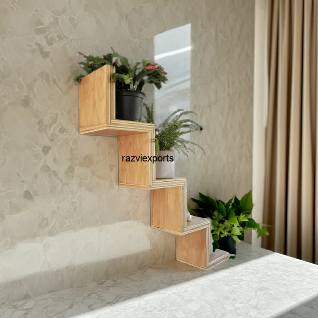Stair-style wooden wall shelf for modern home decor