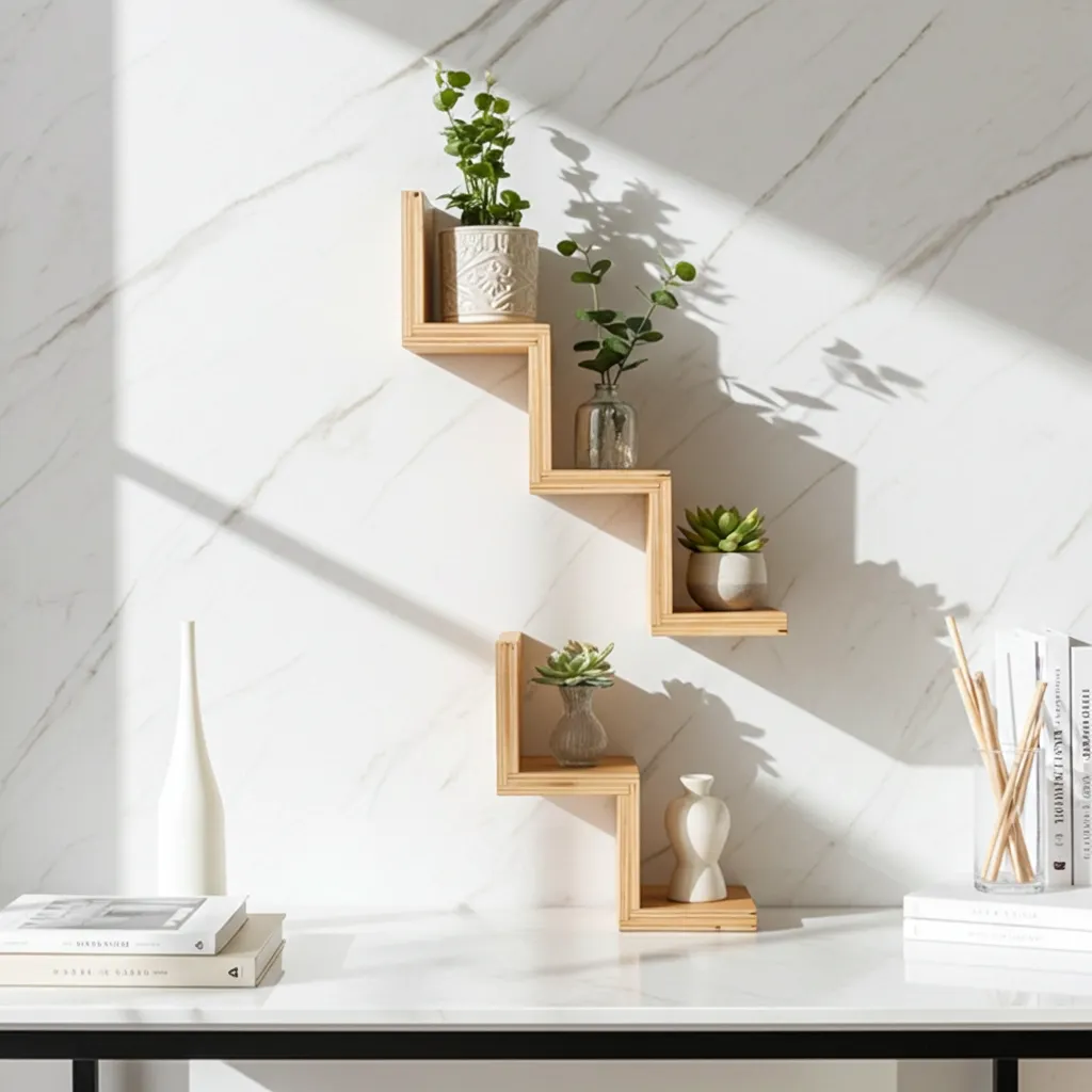 Natural wood finish on handmade stair wall shelf