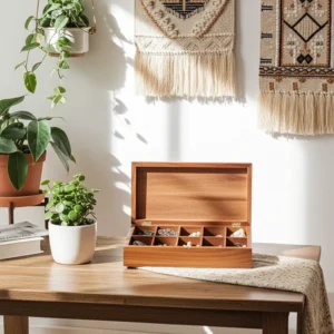 Natural wooden compartment box handcrafted for home décor and gifting