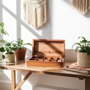 Artisan-made wooden box with sectioned interior for tea, spices, or trinkets