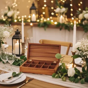 Polished mango wood box with divided compartments for organized storage