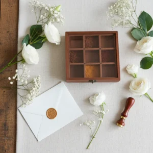 Premium wooden spice organizer box handmade by Indian artisans