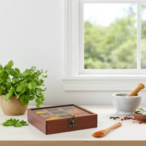 Handcrafted wooden spice box with compartments and lid