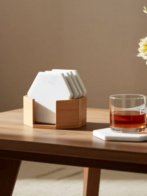 Beautiful White Marble Coaster Set with Holder | B2B Wholesale