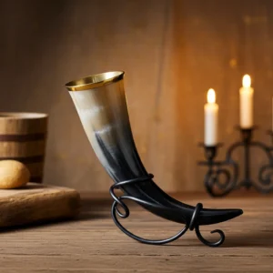 Authentic Viking-style horn cup on metal holder, handmade for medieval décor
