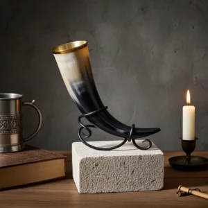 Handcrafted Viking drinking horn with decorative metal stand, 500 ml capacity