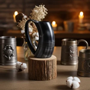 Handcrafted ox horn beer mug with carved ring pattern, natural finish, 500 ml capacity