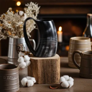 Traditional Viking-style drinking horn tankard with detailed ring carving, 500 ml