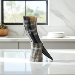 Viking drinking horn with stand handcrafted for mead and ale