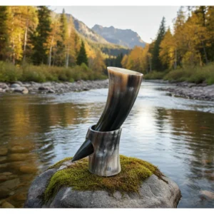 Handmade Norse style drinking horn displayed on carved stand