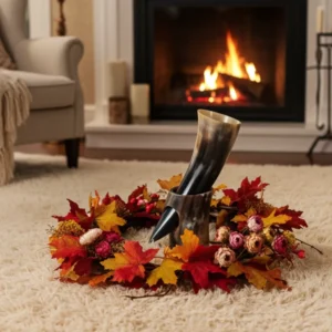 Polished Viking mead horn resting on horn support stand