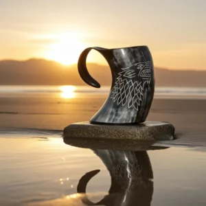 Handmade Viking-style horn mug for mead, ale, and beer drinking
