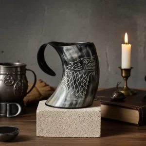 Polished ox horn tankard inspired by traditional Viking drinkware