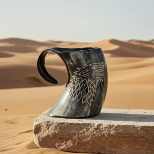 Viking horn beer mug with natural finish, crafted by skilled Indian artisans