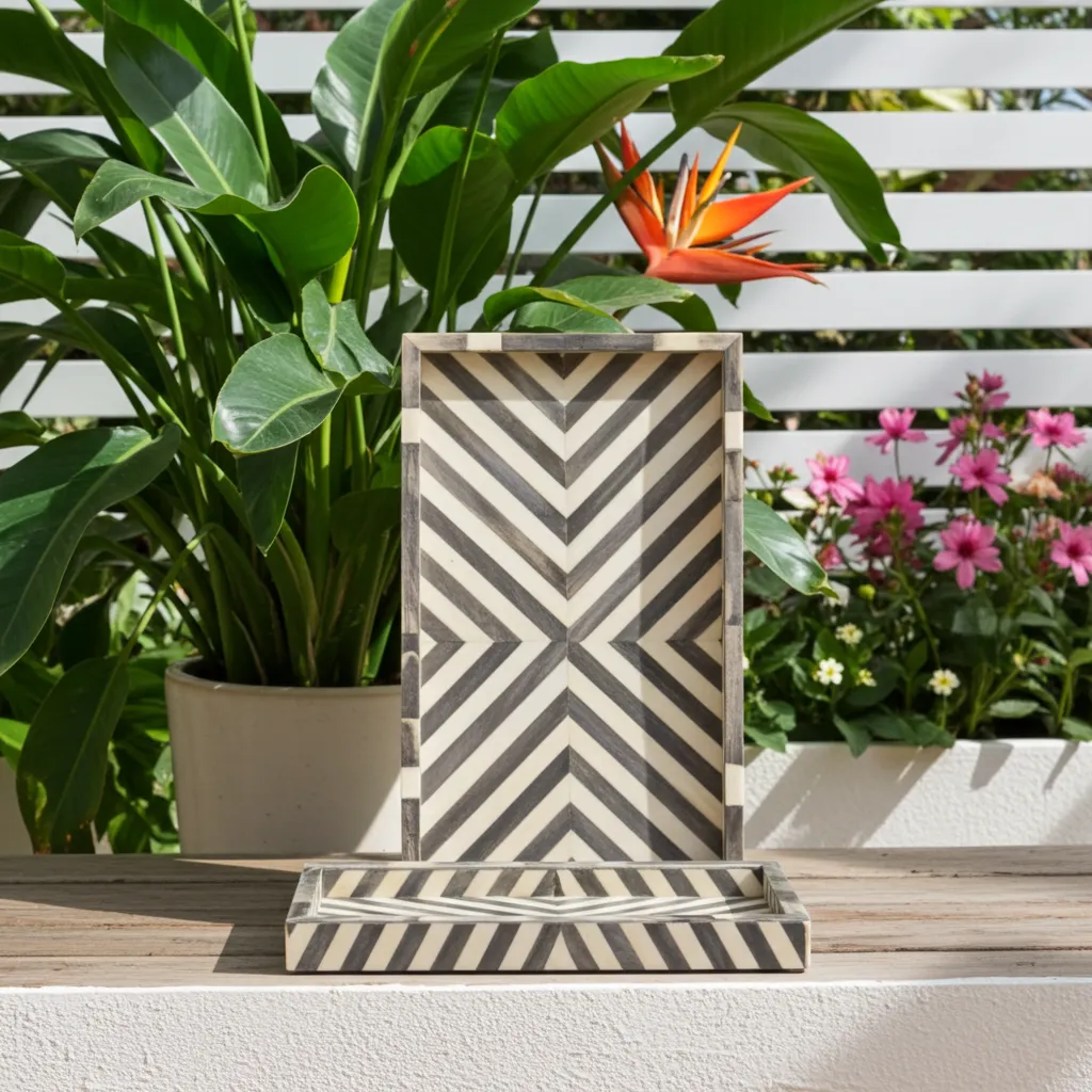 Handmade bone inlay serving tray with chevron sunburst pattern