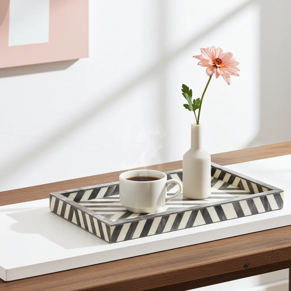 Chevron sunburst bone inlay tray in 12x8 inch size handcrafted by artisans