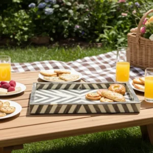 Artisan bone inlay vanity tray with sunburst chevron artwork