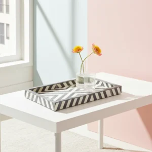 Decorative 12x8 bone inlay tray featuring chevron sunburst design