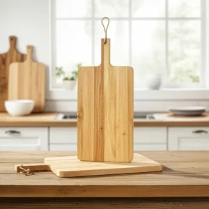 Durable acacia wooden cutting board with handle and natural wood grain